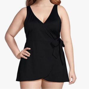 Land's End Plus Size Slender Suit Wrap Dress soft cup adjustable tie Black Var